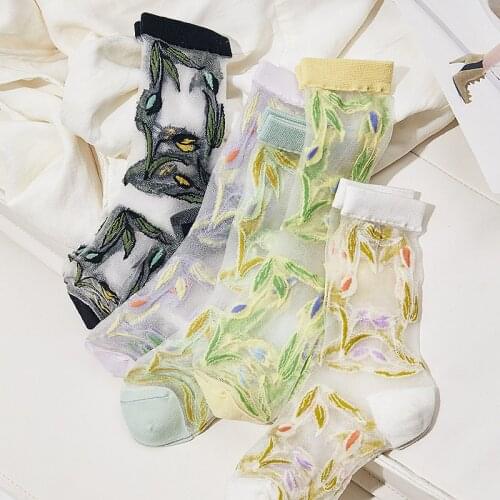 Summer New Funny Harajuku High Quality Creative Crystal Silk Tide Socks Korean Flowers And Plants Glass Silk Women Fashion Sock