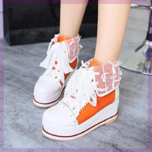 Cute Womens Lace up Platform Round Toe Ankle Boots Wedge Lolita Sweet Shoes Mary Janes Lace Plus Size 34-48 Oversize