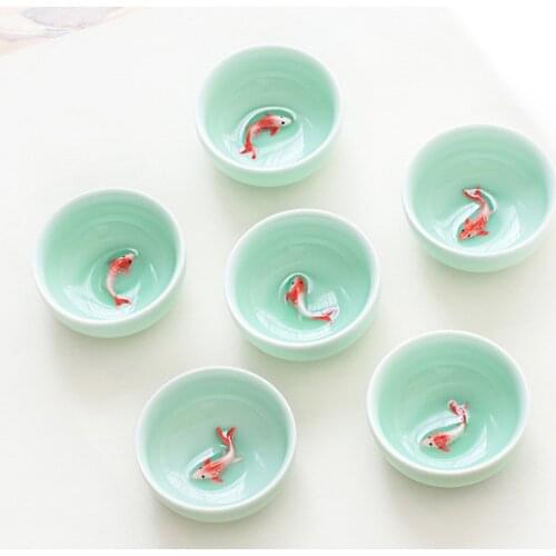New Design 6pcs Celadon Golden Fish China Tea Set,kung Fu Tea Cup Set Crackle Glaze Travel Tea Bowl Chinese Porcelain Teacup Set
