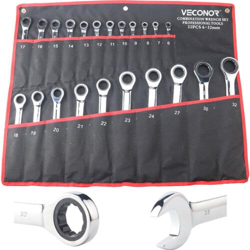 6-32mm Ratchet Wrench Set of Hand Toos 72 Teeth Ratcheting Spanner Mirror Polish High Torque with Storage Pouch