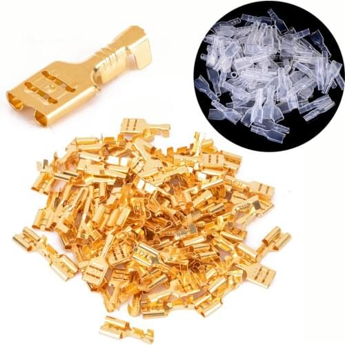 100pcs 6.3mm Brass Crimp Terminal Mayitr Female Spade Connectors with Insulating Sleeve 22-16 AWG