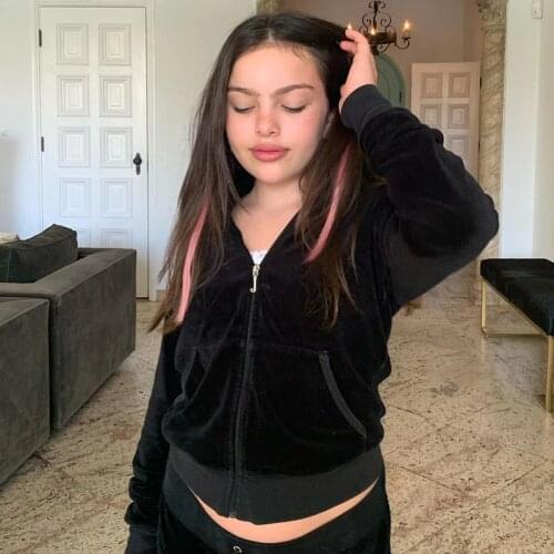 90S Y2K Solid Color Hoodies Brown Oversized Velvet Zipper Front Long Sleeve Sweatshirts wth Pockets Hooded Women Clothing