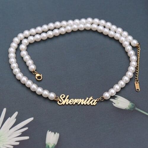 Custom Name Peral Necklace Personalized Bijoux Femme Gold Chain Stainless Steel Necklaces For Women Pearl Choker Christmas Gift