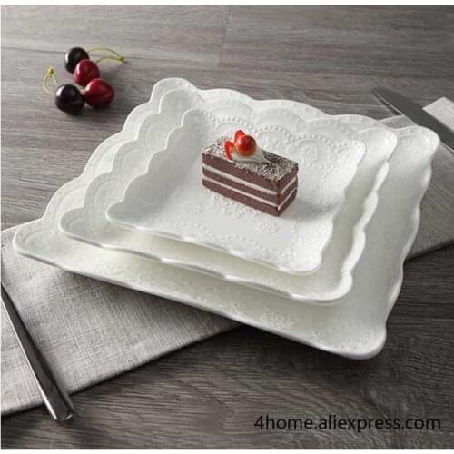Relief Square Ceramic dinner plate Serving Tray Dessert Plate solid white set of 3pcs