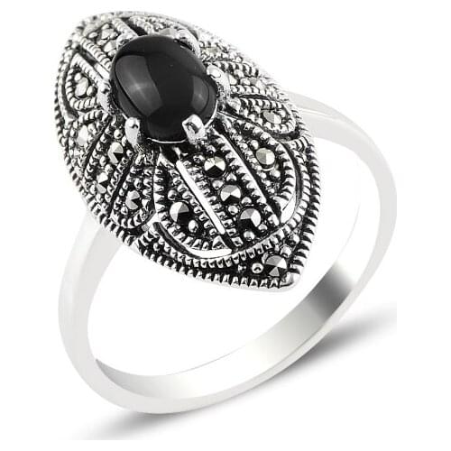 Silver 925 Sterling Onyx & Marcasite Ring
