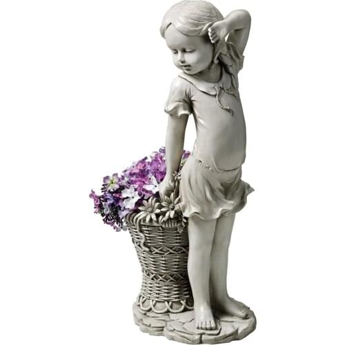 Resin Flower Girl Garden Statue Sculpture Child Figurine Planter Basket Lawn Ornament Outdoor Garden Yard Decor Decorations