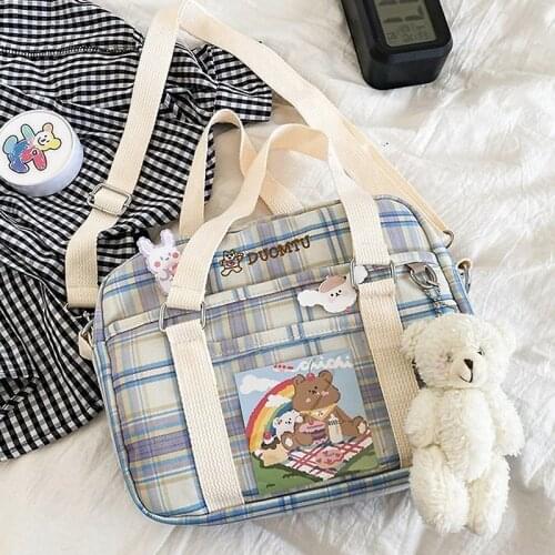 Female Student Japan JK Travel Canvas Shoulder Bag Ladies Fresh and Cute Plaid Design Messenger Bag Kawaii Uniform Bag for Girls