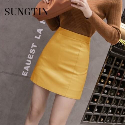 Sungtin Korean Spring High Waist PU Mini Skirt Women Faux Leather Skirt Bodycon Female A Line Summer Elegant Yellow Black Skirt