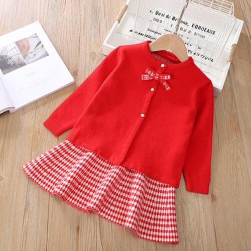 Childrens Sweater Coat+Plaid Skirt Sets Baby Bow Knitted Cardigan Tops Kids Stripe Dresses Autumn New Toddler Girls Casual 2pcs