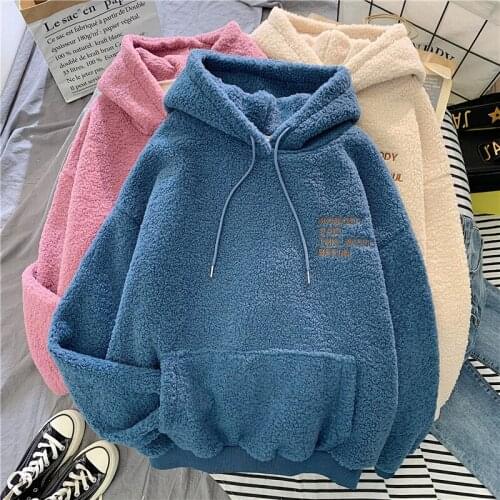 Winter Thick Warm Embroidery Letter Hoodies Sweatshirts Oversized Coat Velvet Women Hoody Sweatshirt Blue Pullover Casual Top