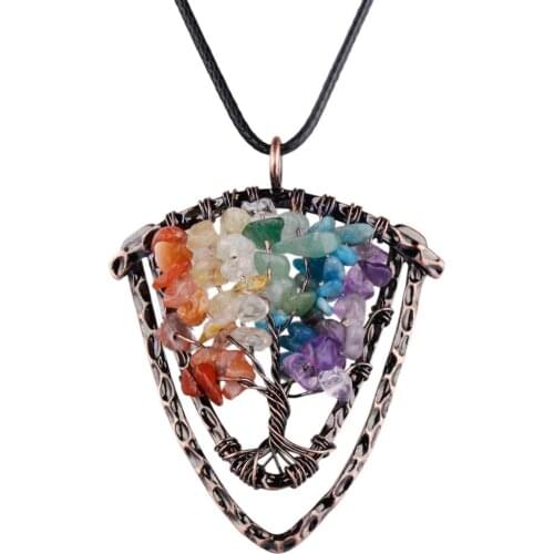 TUMBEELLUWA Tree of Life 7 Chakra Crystal Shield Pendant Necklace Antique Color Healing Tumbled Stone Vintage Handmade Jewelry
