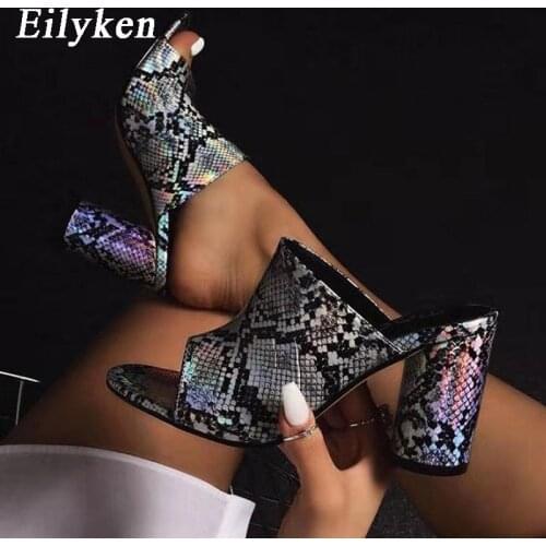 Eilyken 2021 New Summer Slippers Women peep toe snake print leather woman slippers round high heels sexy shoes Woman size 35-41
