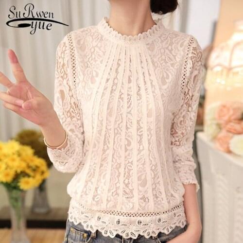 Fashion Womens Tops And Blouse Sexy Hollow Lace Blouse Shirt Plus Size White Blouse Women Tops Long Sleeve Women Shirts 51C 60