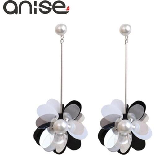 Anise New Design Sequins Flower Earrings Imitation Pearl Stud Earrings Fashion Exaggeration Big Earrings For Women Brinco Grande