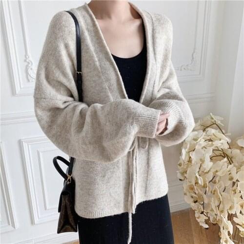 [ZAYAU]Early Spring and Autumn Gentle Design Lace Up Top Loose Short Knitted Sweater Cardigan Coat Women