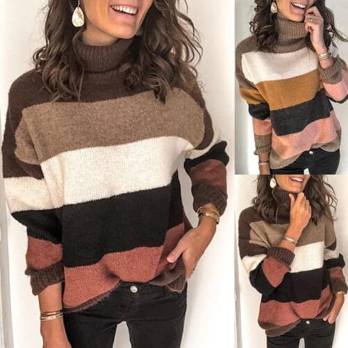 2020 Women Stripe Patchwork Turtle Neck Long Sleeve Autumn Winter Sweater Womens Clothing свитер женский pull femme