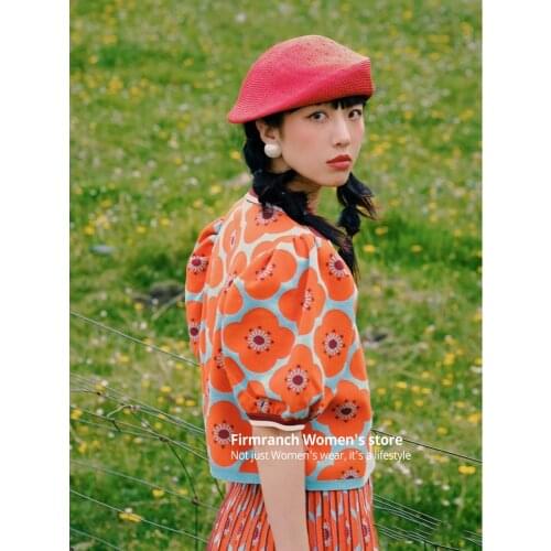 Firmranch Spring /Summer New Contrast Color Flower Knitwear + asymmetric pleated knitting half skirt suit women