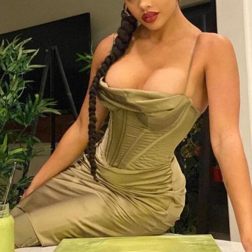 Summer Sexy Satin Slim Dress Women 2021 Elegant Spaghetti Strap Backless Solid Robe Party Dresses Female Fishbone Midi Dress