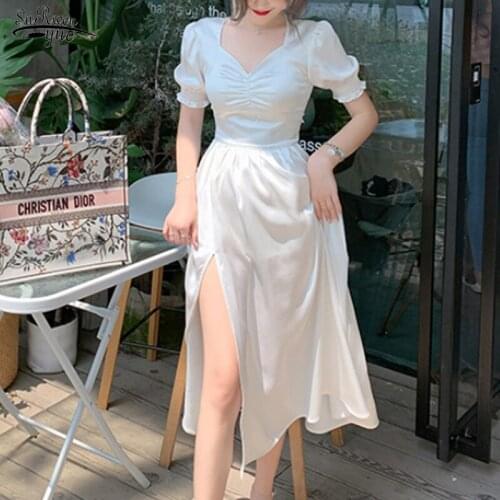 Elegant Ruffle Dress Women New Womens Autumn French Sexy Split Dress Office Lady Casual Puff Sleeve Designer Party Dress 13261