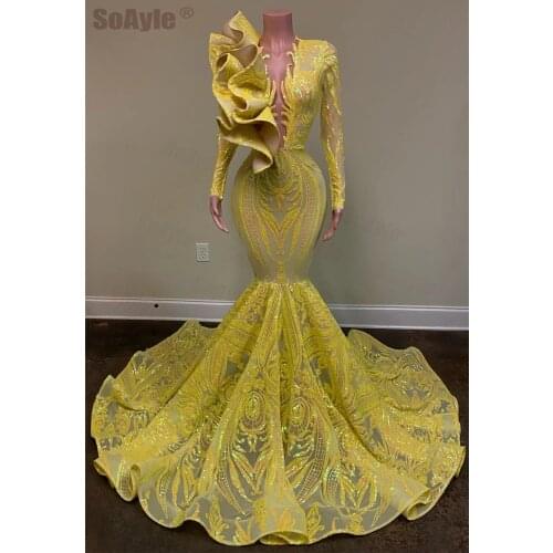 SoAyle African Sequin Prom Party Dresses Sexy Sheer Ruffles Prom Dress 2020 Long Sleeves Mermaid Yellow Women Prom Dress