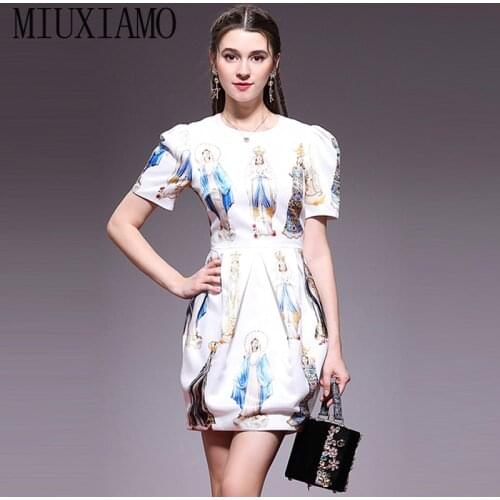 MIUXIMAO High Quality 2019 Summer&spring Luxurious Dress vintage Virgin Mary print Eleghant Casual Dress Women vestido