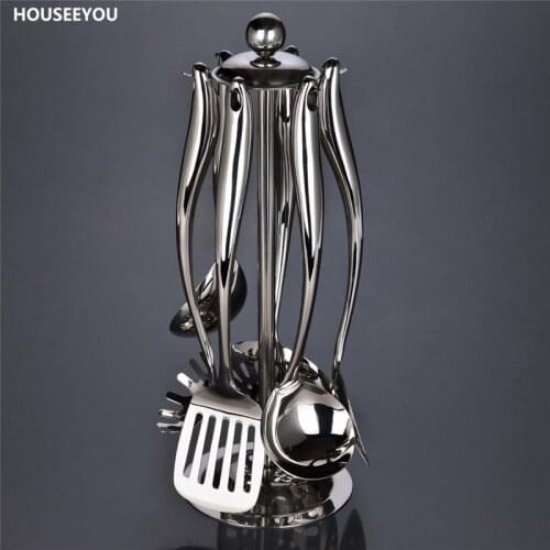 7pcs/set Stainless Steel Kitchen Cook Set Cooking Utensils Spatula Spoon Cooking Tools Kitchen Utensils Set Thickening Long Hand