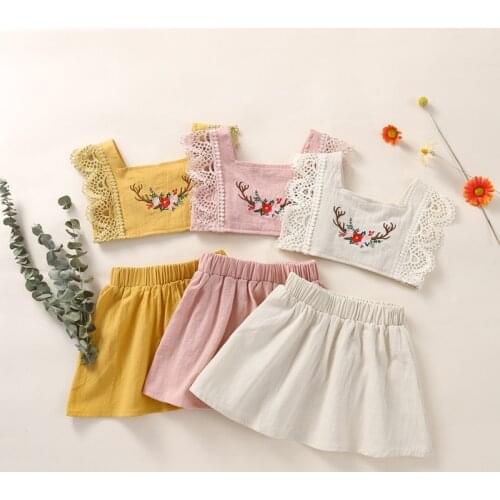 Baywell 2PCS Toddler Kids Baby Girl Clothes Sets Summer Sleeveless Flower Embroidered Top Solid Pretty Skirt Outfit Set