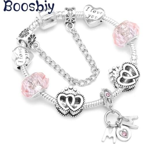Boosbiy Silver Plated MOM Pendants Charm Bracelet For Women Fit Love Heart Charm Bracelet Mothers Day Jewelry Gift