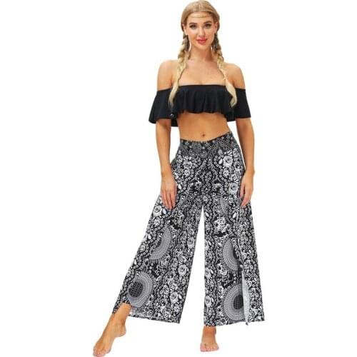 Summer Ethnic Style Casual Sport Wide Leg Pants Women Digital Printing Thin High Waist Loose Pants Gym All-Match Split Trousers