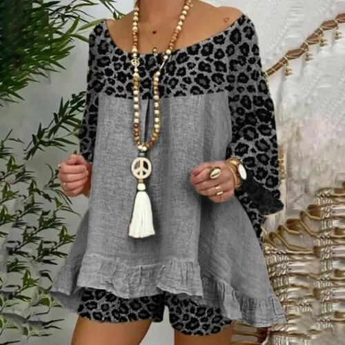 Summer Casual Women Outfit 3/4 Sleeve Leopard Patchwork O Neck Loose T-shirt Shorts for Daily Life Short Pants Outfits Tracksuit
