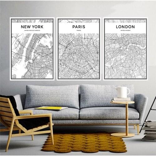 Map Famous City Nordic Canvas Painting Home Decor Wall Art Landon Paris Milan Black Living Room Office Hotel Poster Backdrop DIY