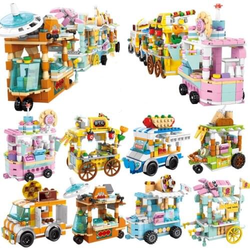 City Street Architecture Building Blocks Snack Retail Shop Fruit Stall Pizza Ice Cream Car Truck Toys for Children Bricks Friend
