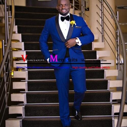 Royal Blue African Wedding Tuxedo for Groom Slim Fit Men Suits with Black Shawl Lapel 2 Piece Male Fashion Jacket Pants 2021