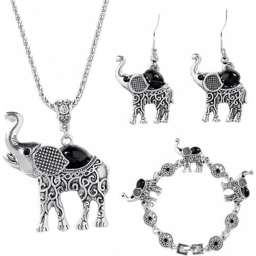 Creative Jewelry Sets Bohemian Vintage Elephant Necklace Bracelet Earrings Set For Women Necklaces & Pendants Earing GIFT F2613