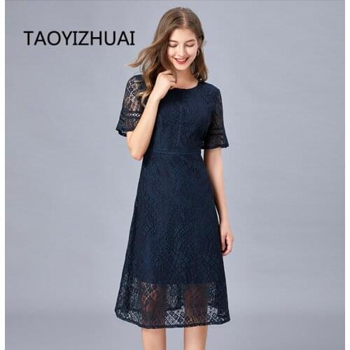 Summer new blue hollowed out lace dress fat mm plus fat plus medium length A-line casual splicing versatile slim skirt