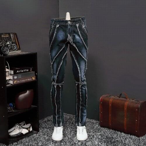 Fashion Mens Denim Jeans Pants Tassel Patchwork Blue Straight J47