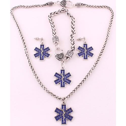 Classic Women Jewelry Set Necklace Bracelet Earrings Medical Sign With Blue Crystals High Grade Zinc Alloy Provide Dropshipping