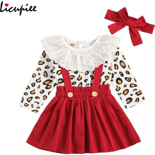 1-3 Years Infant Newborn Baby Girl 3pcs Outfit Set Leopard Printed Lace Crew Romper Strap Skirt Bow Tie Toddlers Spring Autumn