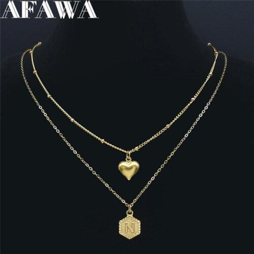 2pcs Stainless Steel Geometry Layer Necklace Chain Women Gold Color Letter N Charm Necklaces Jewelry bijoux femme XH138S03