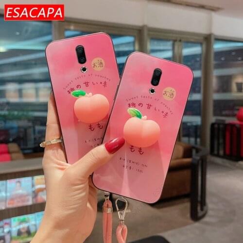 Lanyard Necklace Tempered Glass Phone Case For Meizu 16S 16 15 Plus Cute Relieve Stress Peach Cover For Meizu Note 9 8 X8 V8 S6