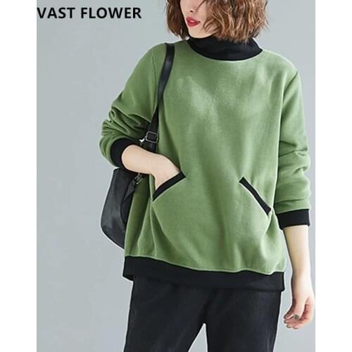 Plus Size Vintage Hoodies Sweatshirts Women Cotton Pullover Turtleneck Pocket Solid Color 2021 Spring Casual Loose Tops Clothes