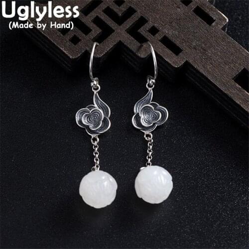 Uglyless Thai Silver Lucky Clouds Ethnic Earrings for Women Natural Hotan Jade Lotus Dangle Earrings 925 Silver Vintage Brincos