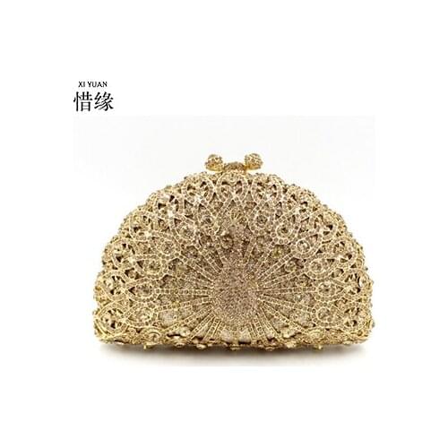 XIYUAN Luxury Clutch Bag Women Diamond Peacock Feather Evening Hand Bags Noble Crystal Dinner Party Purse Chain Famous bolso