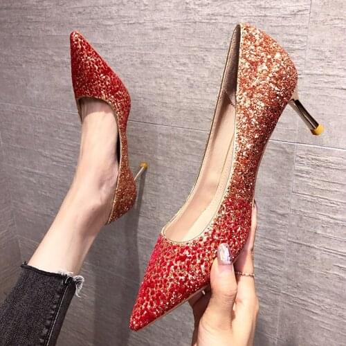 New Big Red Womens Shoes Sequins Sexy Stiletto Pointed High-heeled Shoes Shoes Woman