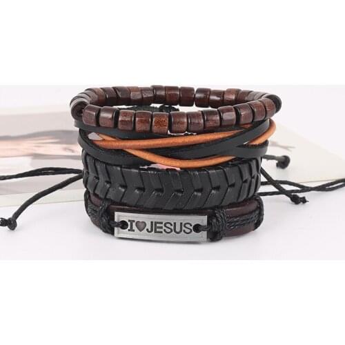 4pcs/set hippie punk black leather brown I love JESUS word tag charm cord knots wrap wide stackable Bracelets Bangles for man