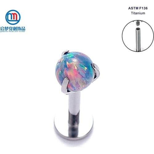 ASTM F136 Titanium Internally Threaded Prong Set Opal Ball Labret Lip Ring Body Piercing Jewelry