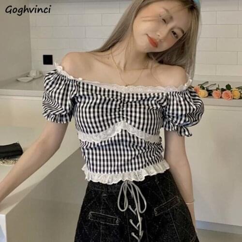 Slash Neck Plaid Blouses Women Preppy Slim Students Simple Puff Sleeve Short Style Tops Lace Spliced Sweet Blusas Casual Ulzzang