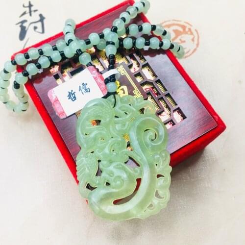 Zheru natural soft jade ice through hollow retro dragon and phoenix pendant with jade bead necklace men and women sweater chain
