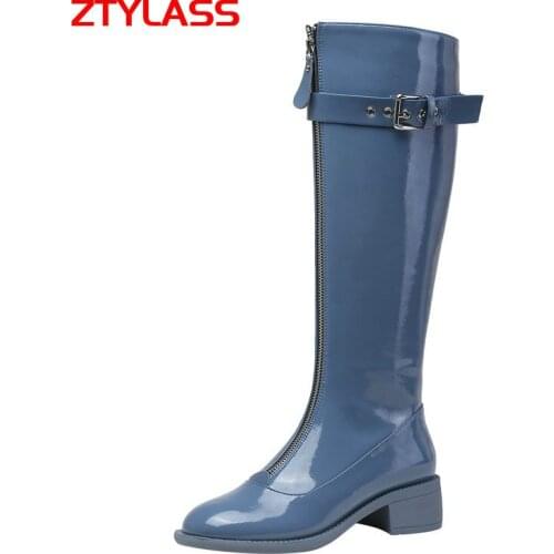 Black Blue Fashion Patent Leather Motorcycle Boots Low Heel Women Boots Spring Autumn Knee High Boots Buckle Winter Woman Shoes