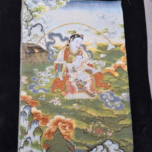 Home Decor 35" Thangka embroidery Tibetan Buddhism silk embroidery brocade Nepal Buddha Mother Sending Child Statue Thangka